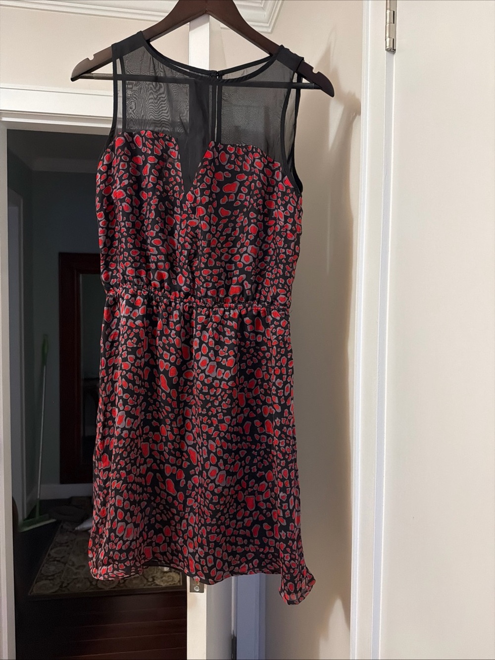 Wendy Katlen Black Mesh Yoke Mini Dress with Red Spot Print size 8